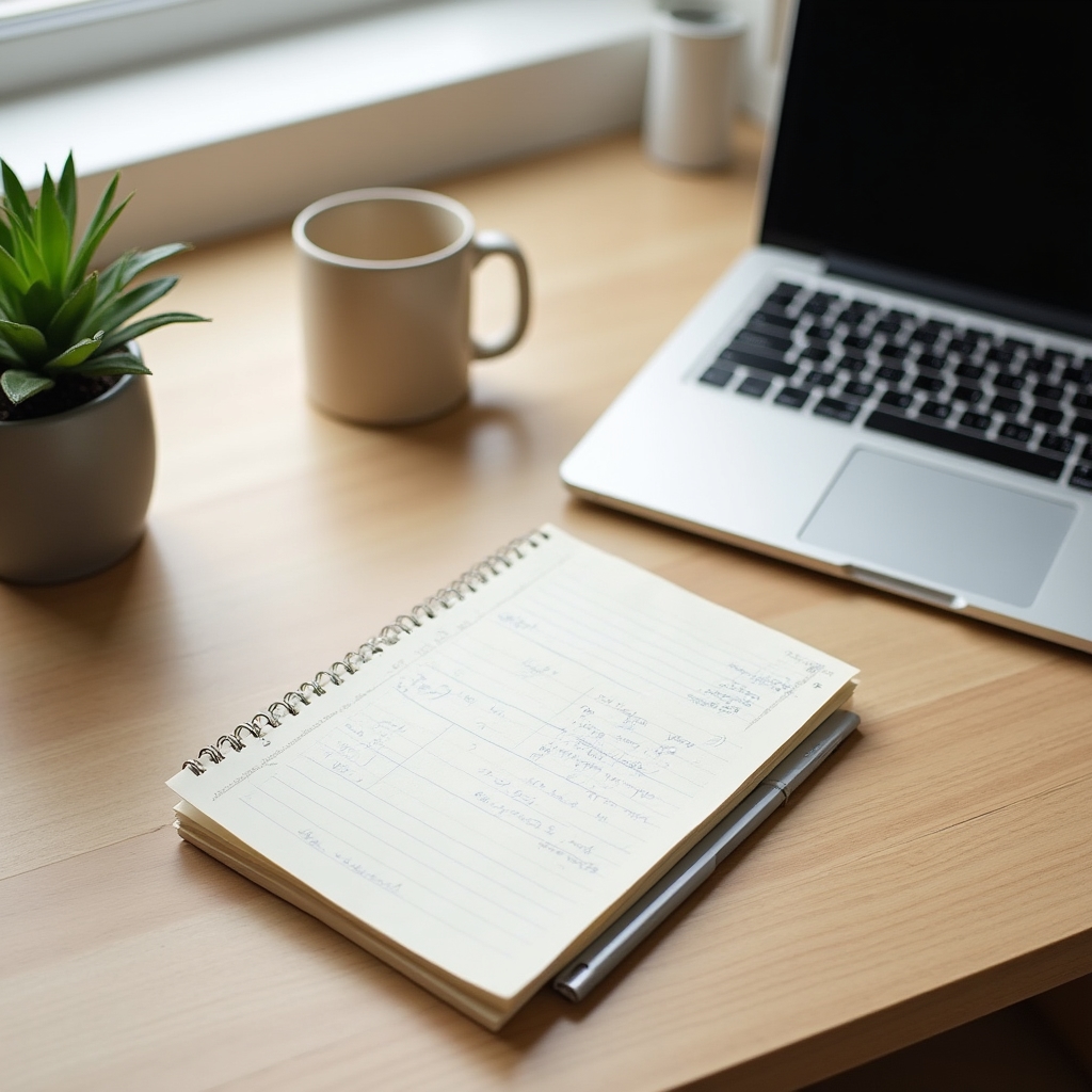 Aufgeräumter Arbeitsplatz mit Laptop und handschriftlichen Notizen