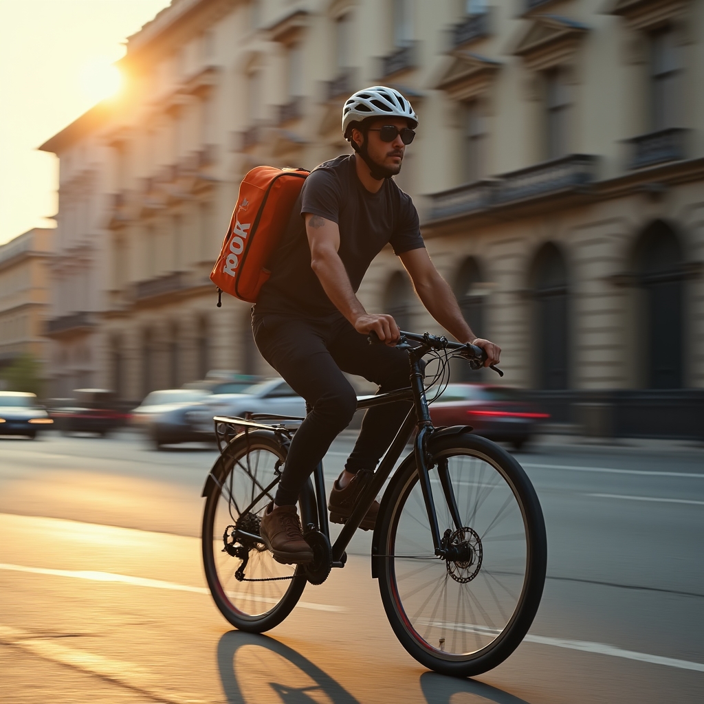 Fahrradkurier liefert Essen in einer Stadtstraße aus