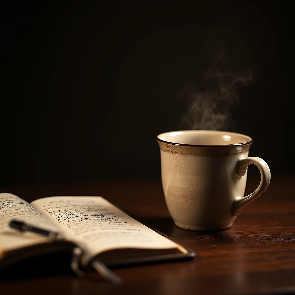 Kaffeetasse neben Notizblock auf einem aufgeräumten Schreibtisch