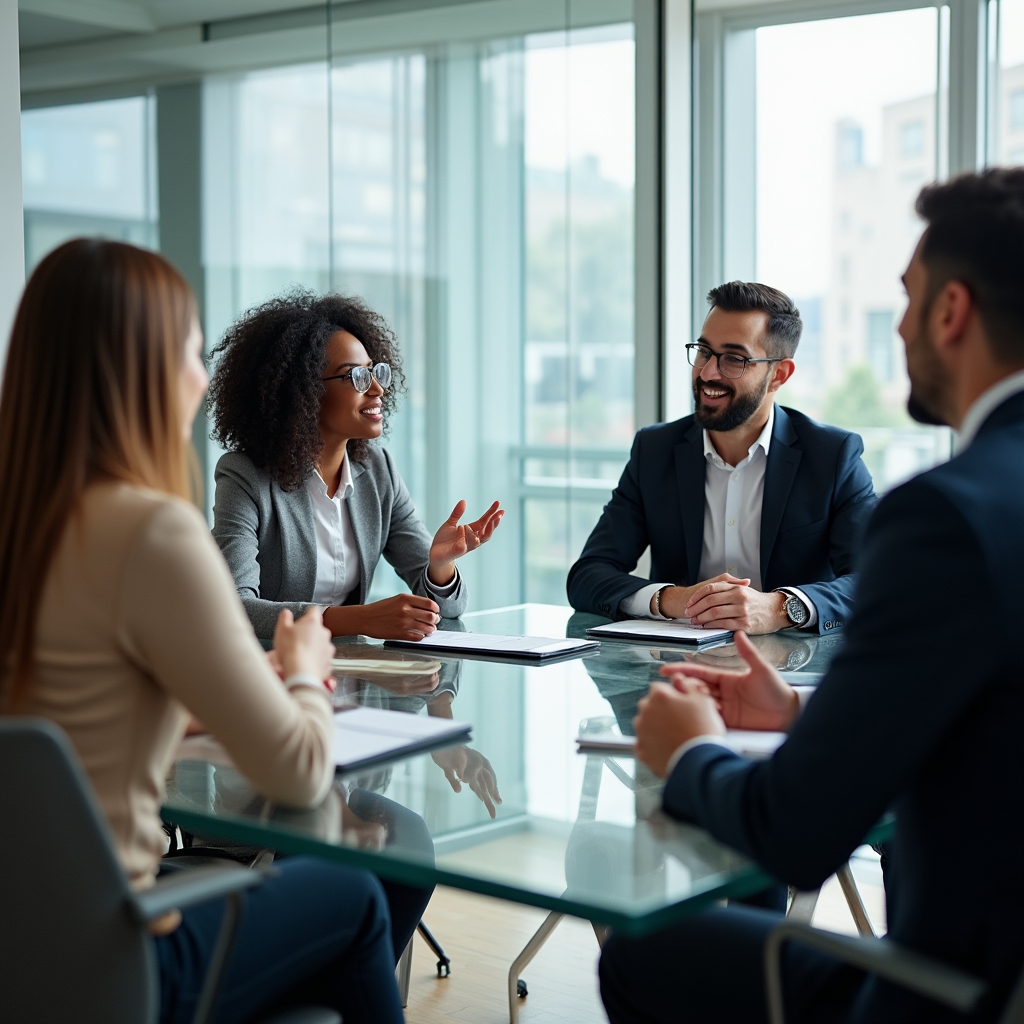 Team bespricht sich in einem modernen Besprechungsraum